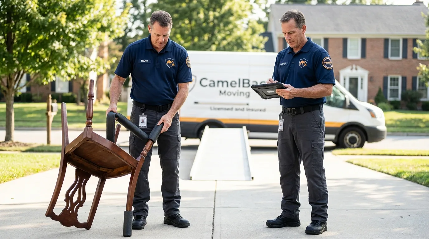 Movers inspecting furniture for damage prevention before loading in Sequim, WA