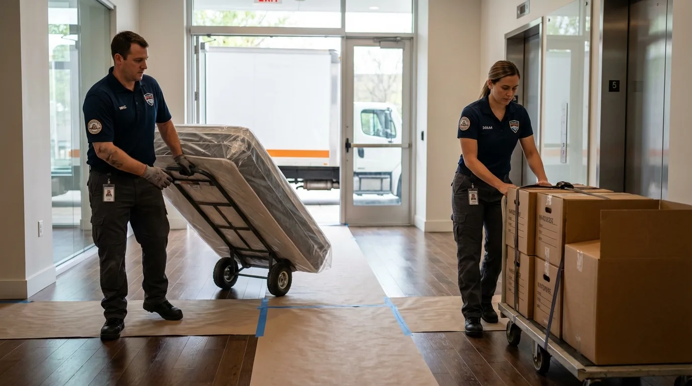 Professional apartment movers loading elevator in Sequim, WA